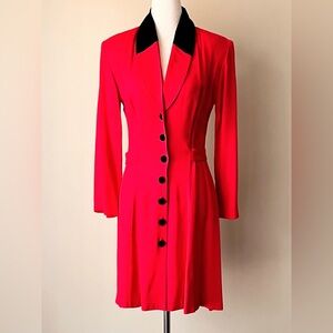 Elegant Red Long Sleeve Coatdress with Black Velvet Accents